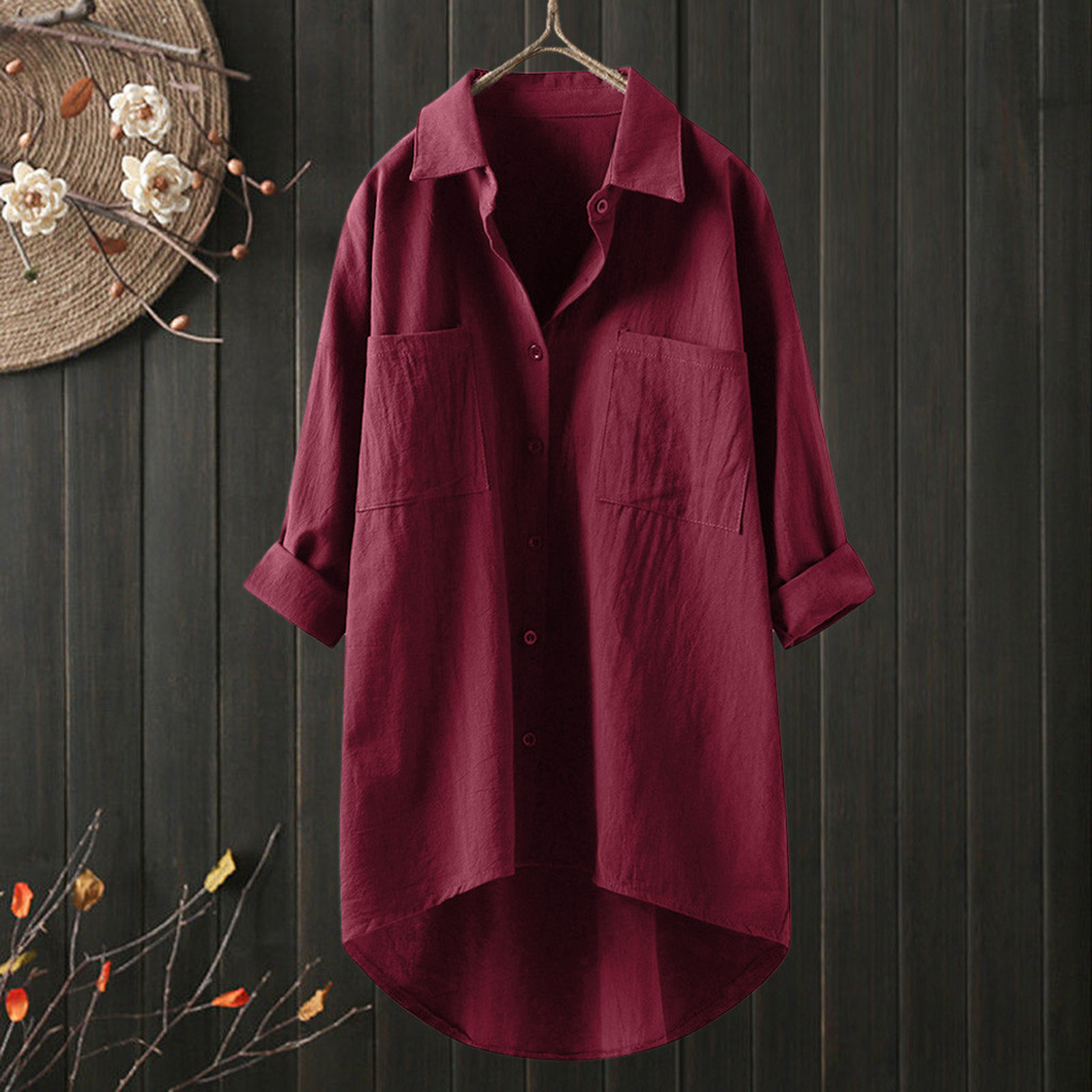 thumbnail image 2 of Blusa de trabajo con botones para mujer: camisa lisa de manga larga, poliéster, cuello en V abotonado, bolsillo en el pecho, estilo informal de negocios, tallas S-XXXL, contorno de pecho 114-144 cm., 2 of 4